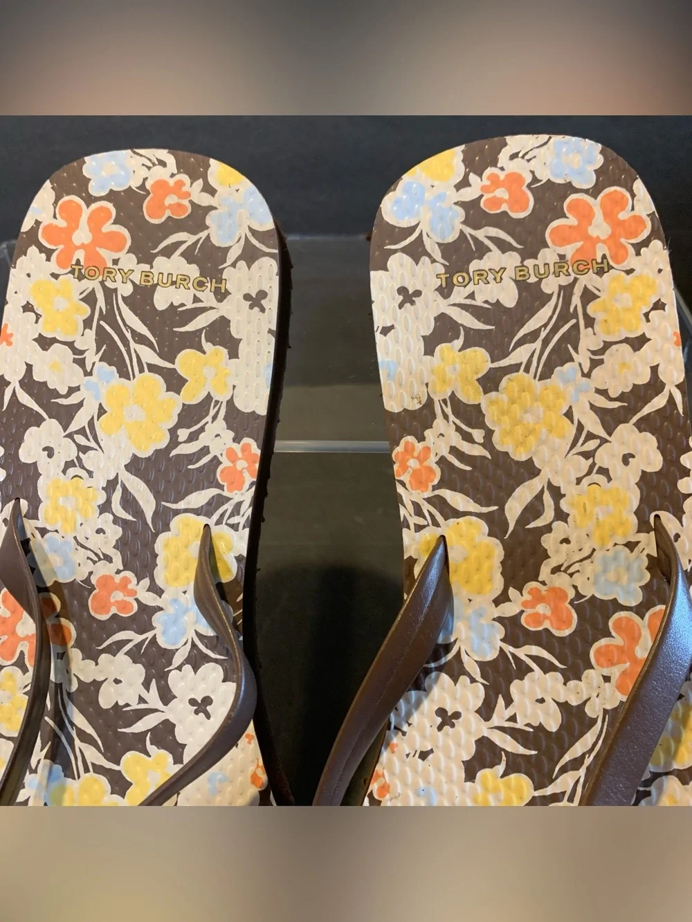 Tory Burch NEW 8 Soho Reverie Brown Floral Logo Thong Sandals Flip Flops